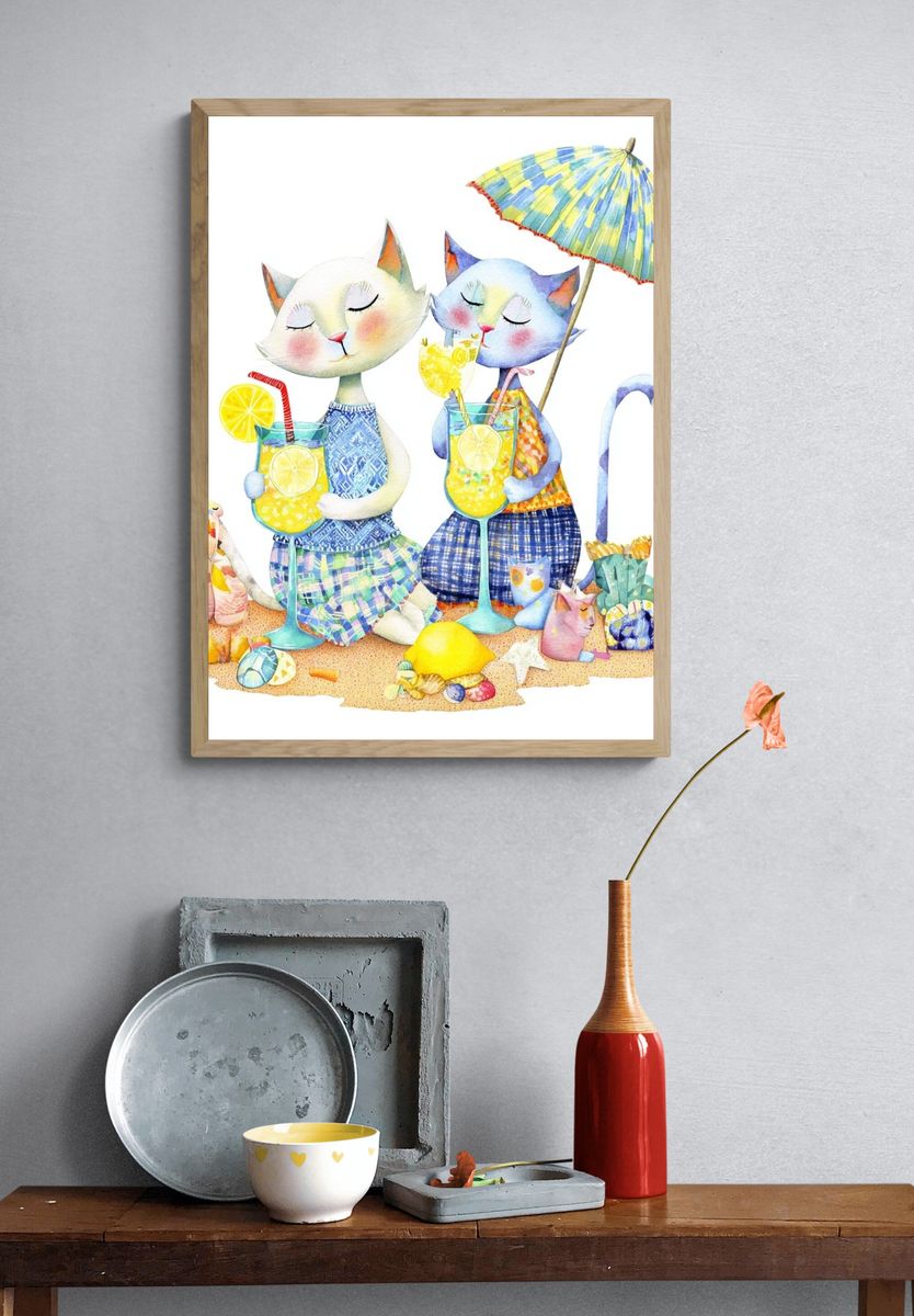 Cats Enjoying Summer Drinks — Illustration Print. — room view 3