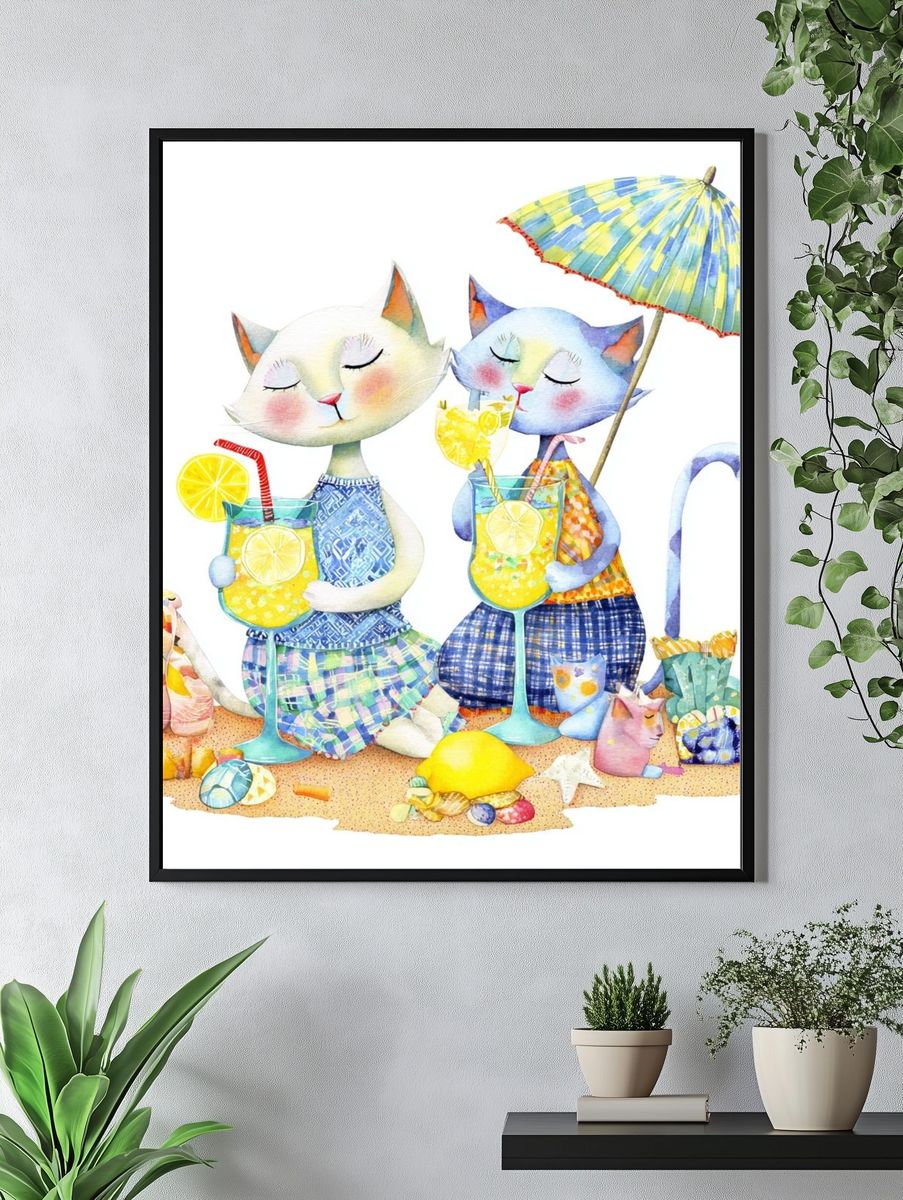 Cats Enjoying Summer Drinks — Illustration Print. — room view 4