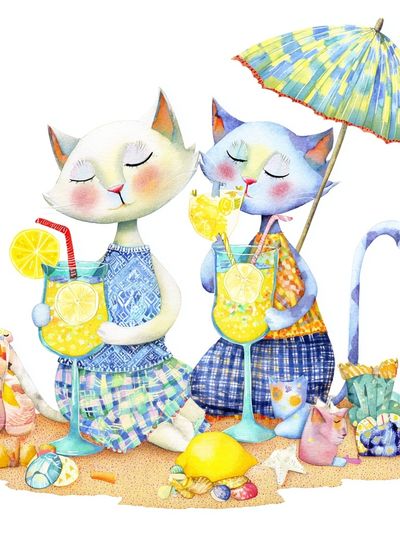 Cats Enjoying Summer Drinks — Illustration Print. poster print