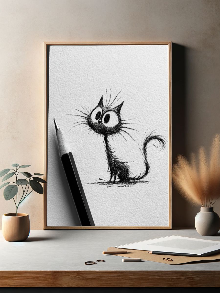 Whimsical Cat Sketch Poster. — room view 2
