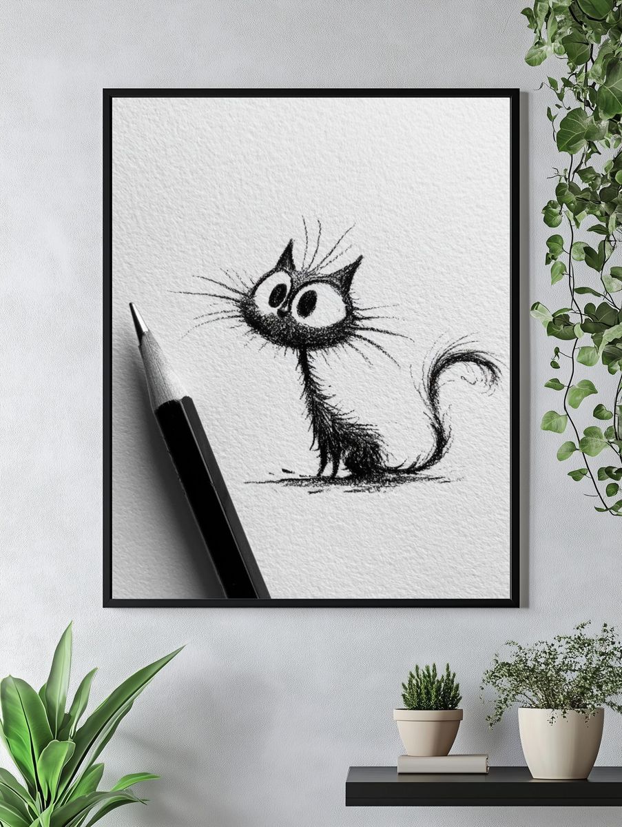 Whimsical Cat Sketch Poster. — room view 4