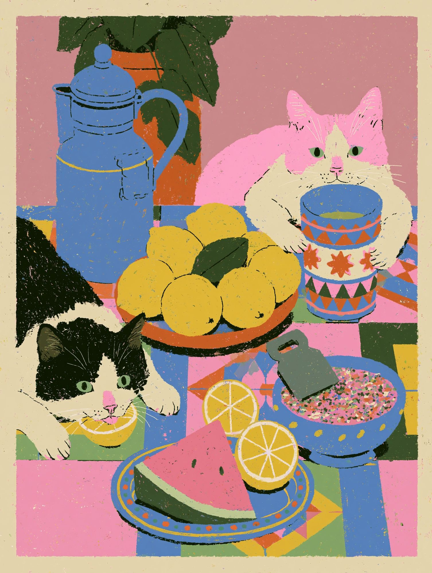 Playful Cats Still Life Illustration Poster. poster detail
