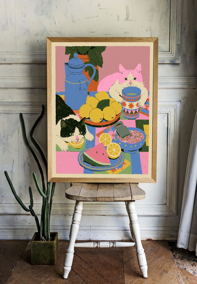 Playful Cats Still Life Illustration Poster. room preview