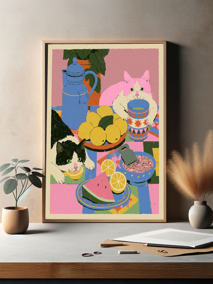 Playful Cats Still Life Illustration Poster. — room view 2