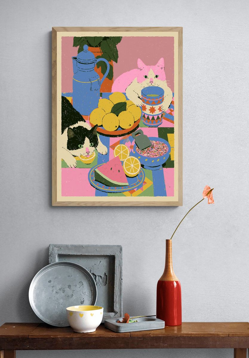 Playful Cats Still Life Illustration Poster. — room view 3