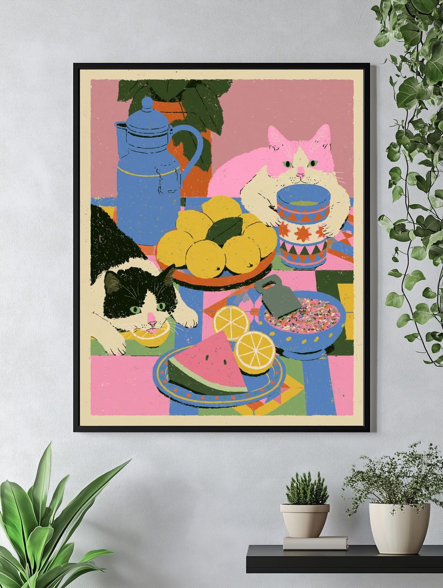 Playful Cats Still Life Illustration Poster. — room view 4