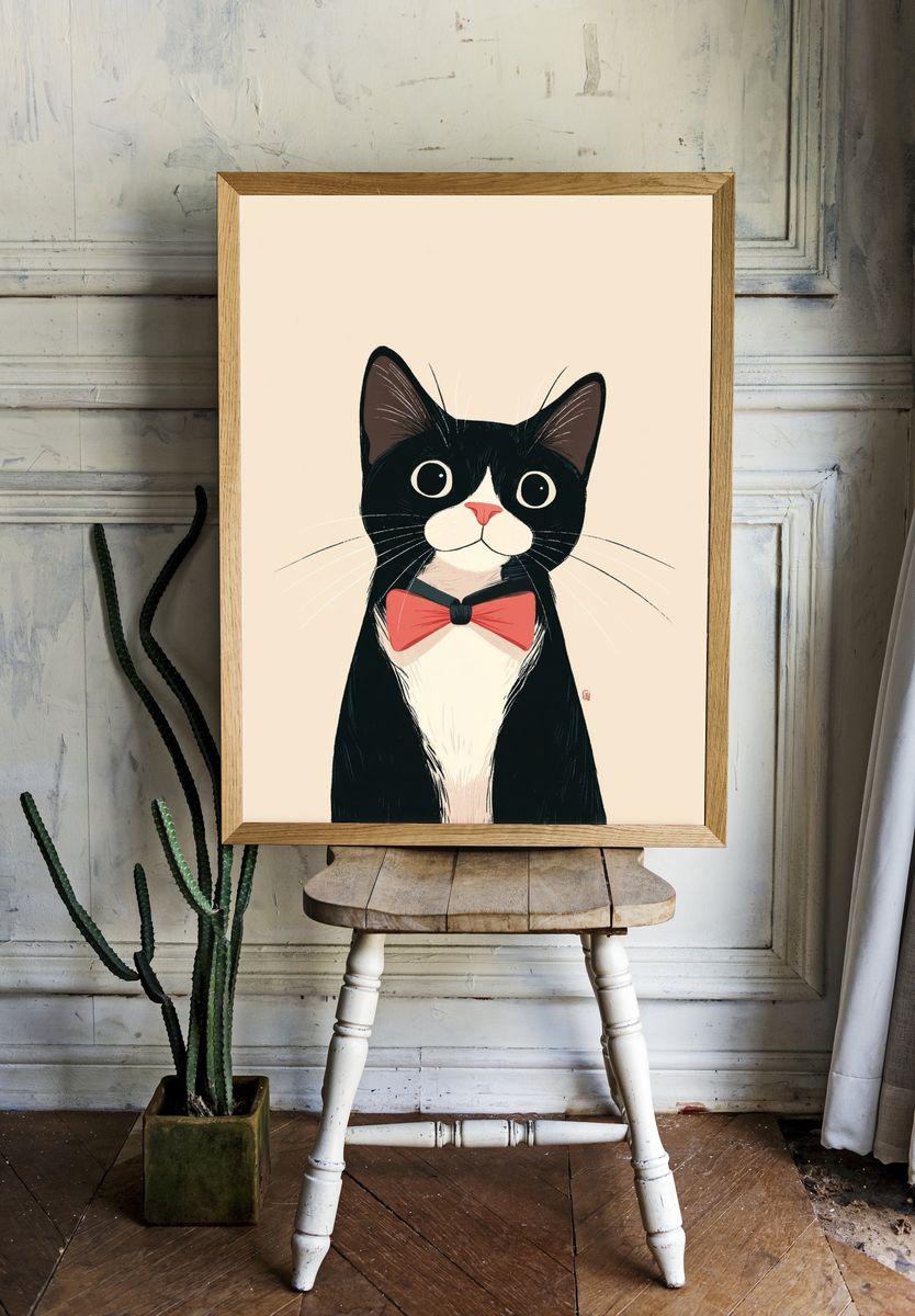 Tuxedo Cat Bow Tie Illustration Poster. — room view 1