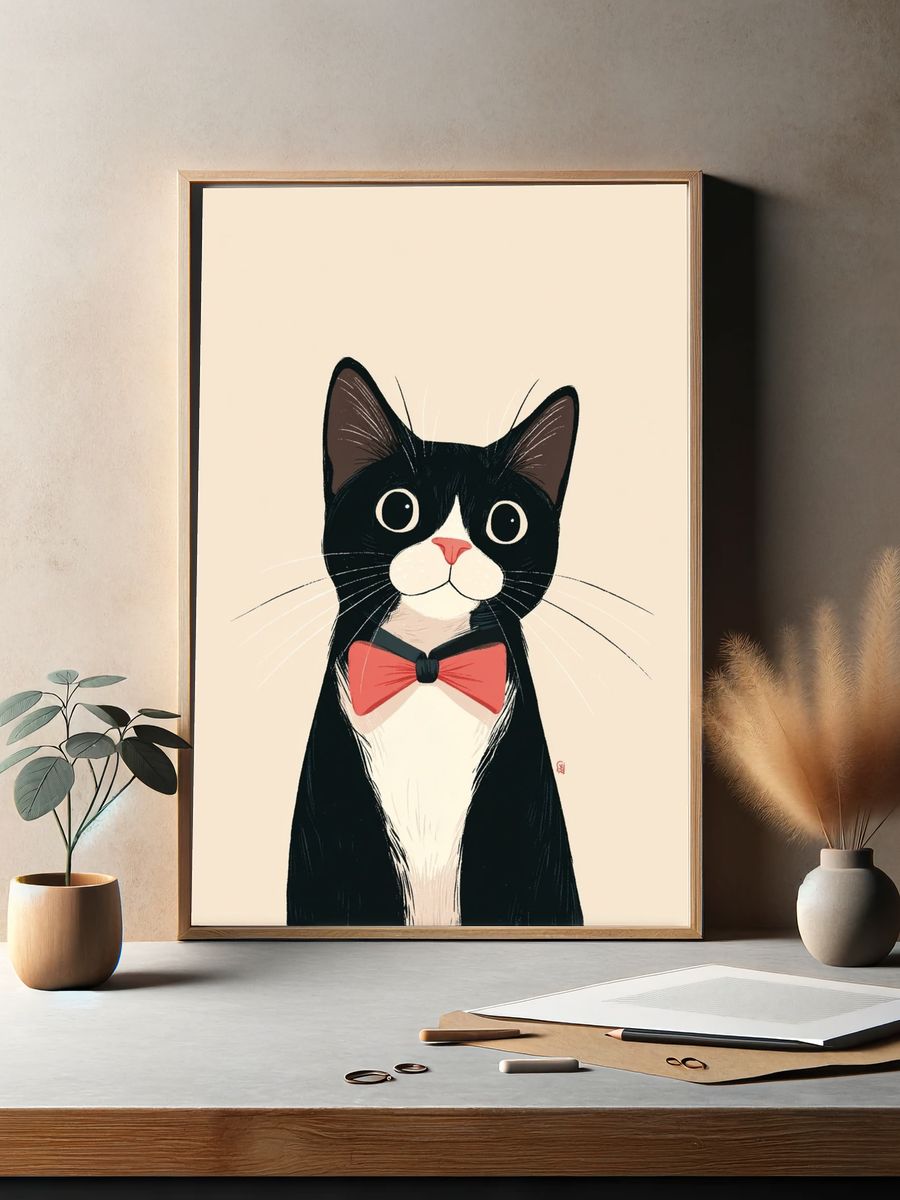 Tuxedo Cat Bow Tie Illustration Poster. — room view 2