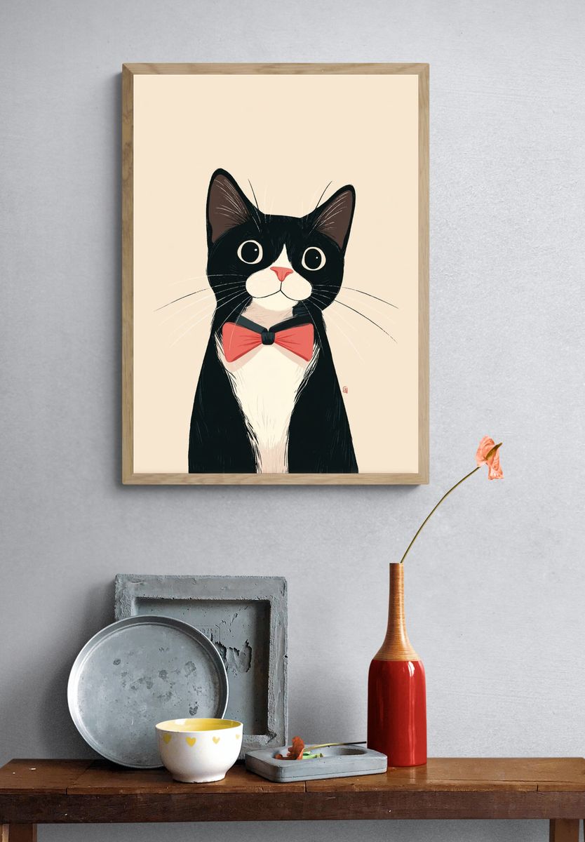 Tuxedo Cat Bow Tie Illustration Poster. — room view 3
