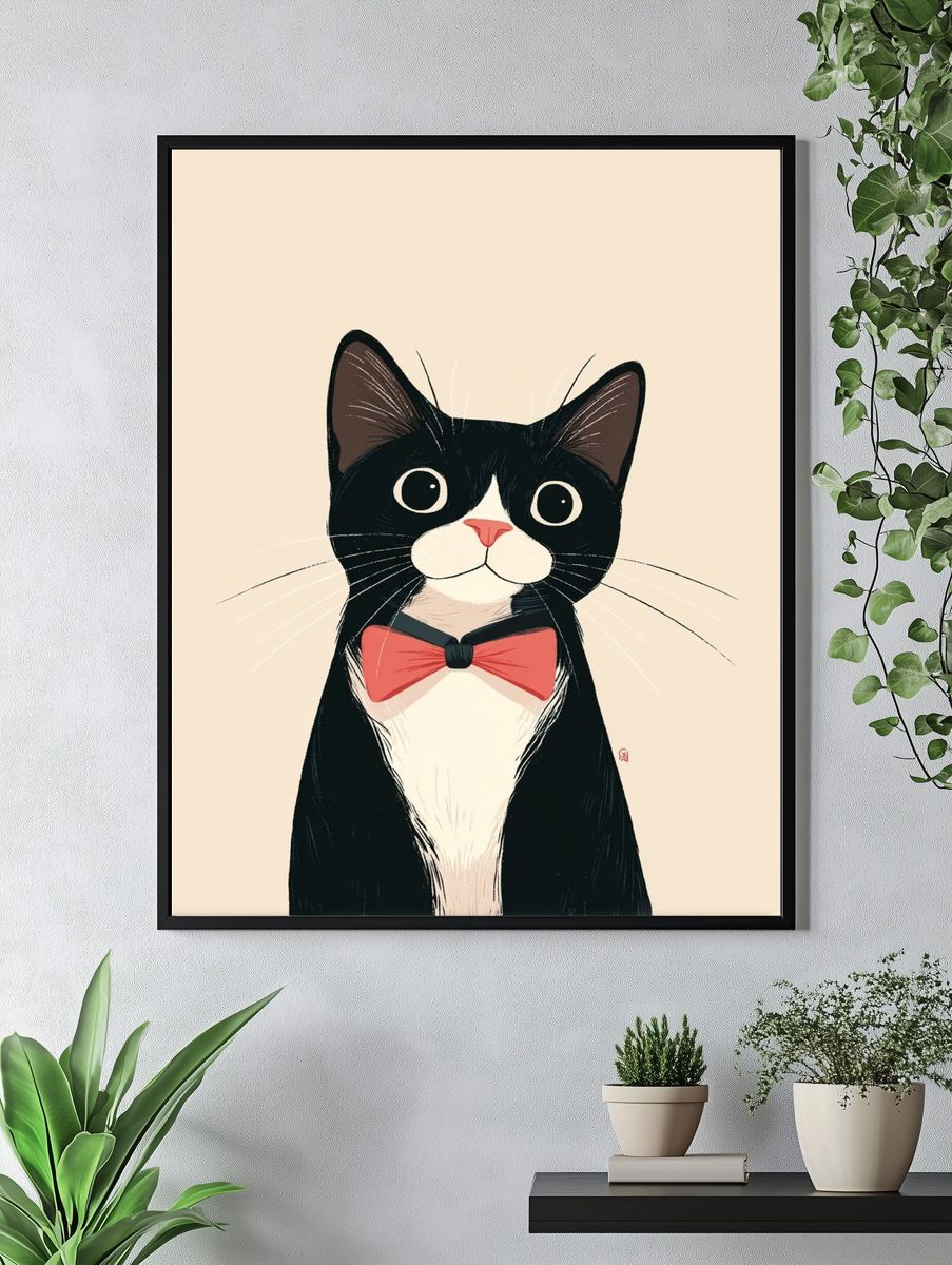 Tuxedo Cat Bow Tie Illustration Poster. — room view 4