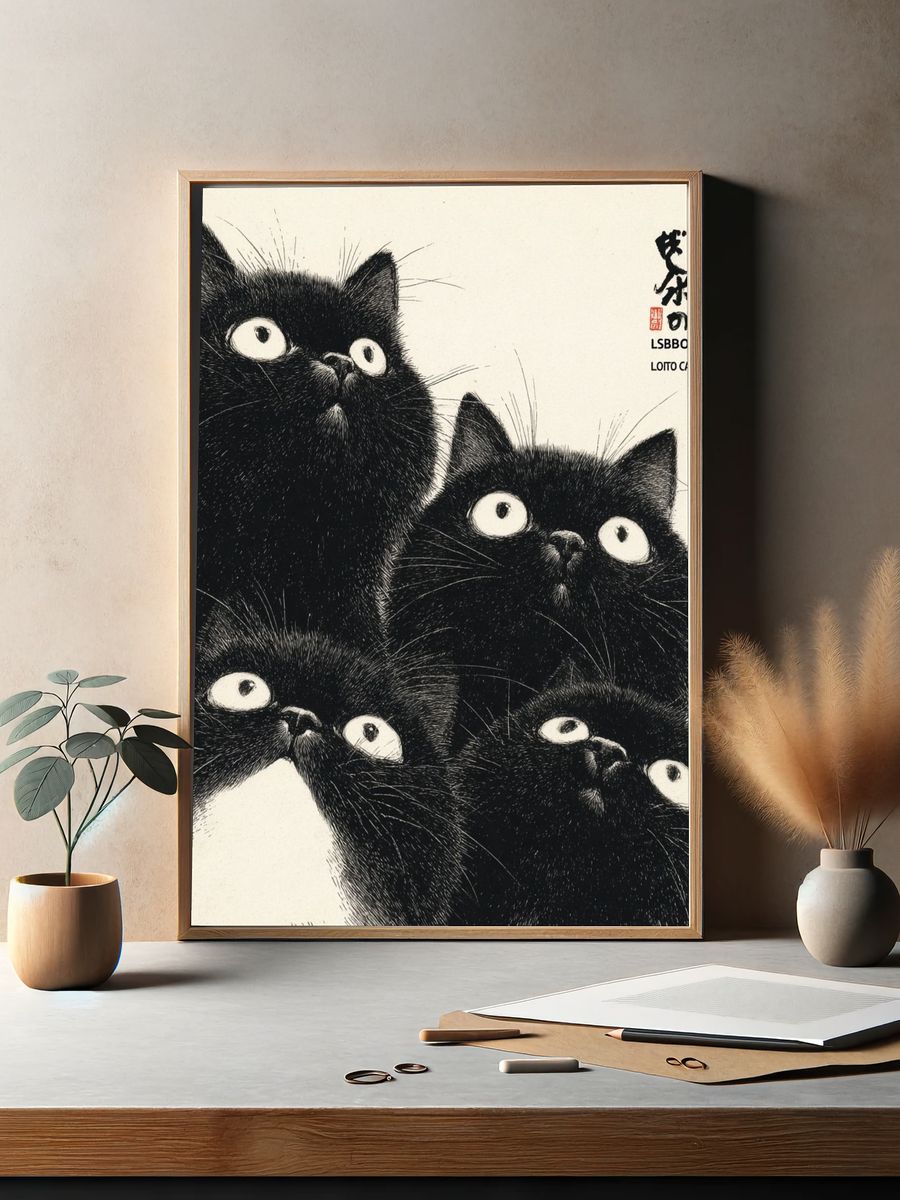 Black Cats Ink Illustration Poster. — room view 2