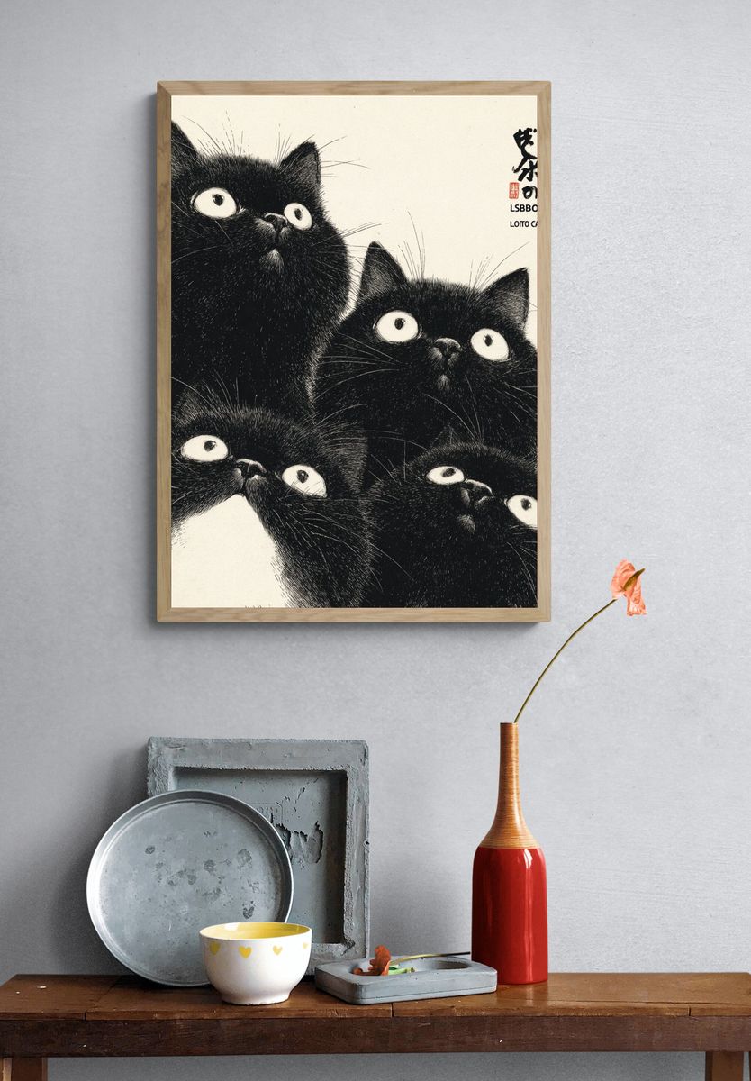 Black Cats Ink Illustration Poster. — room view 3