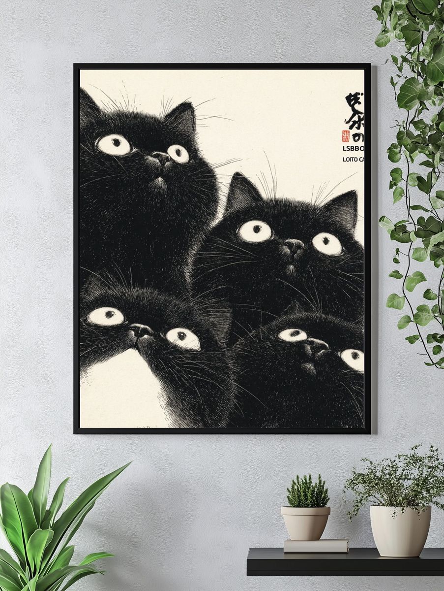 Black Cats Ink Illustration Poster. — room view 4