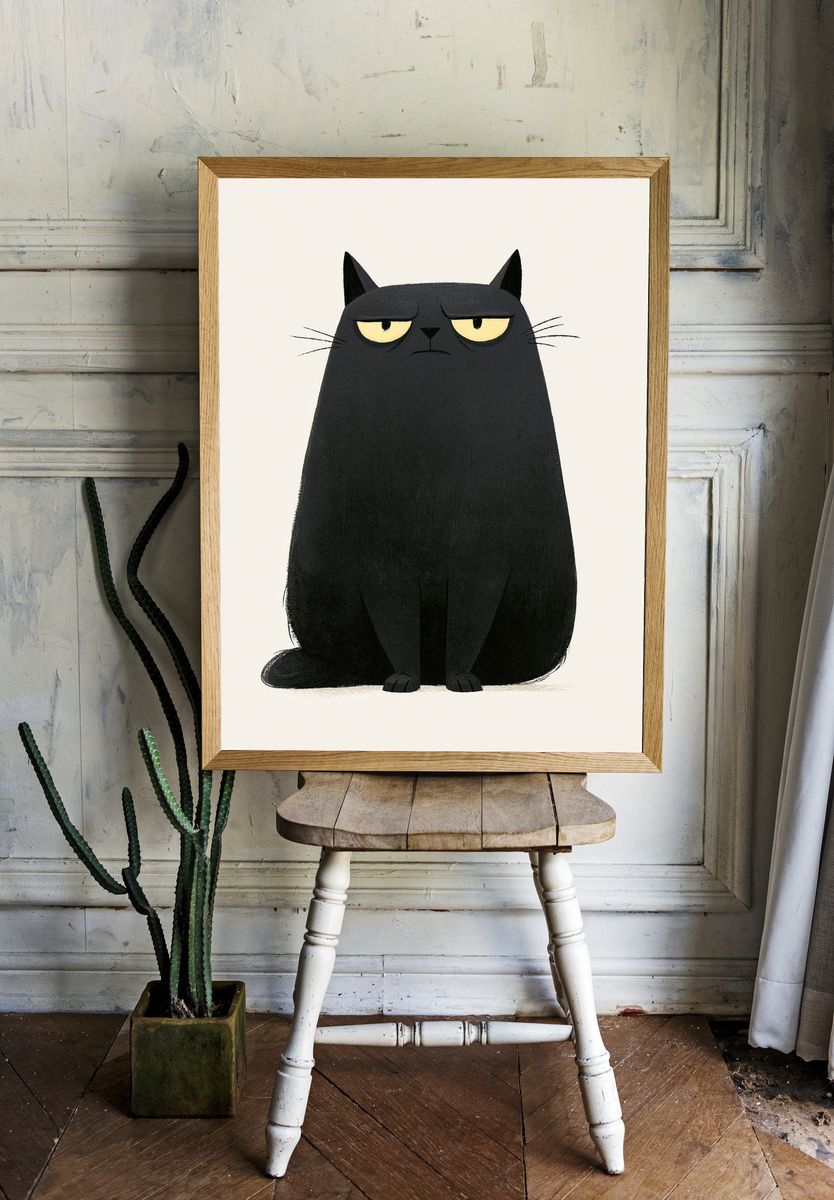 Grumpy Black Cat Illustration Poster. room preview