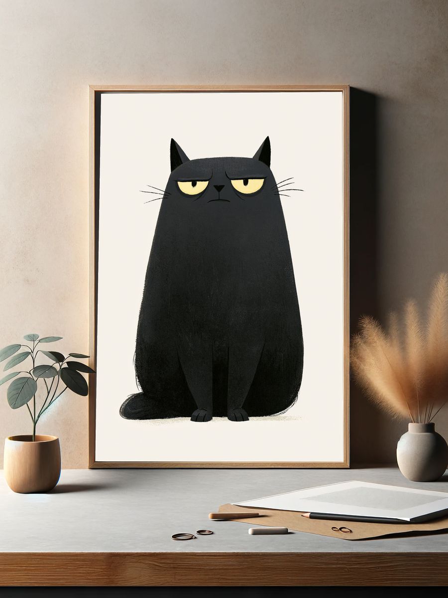Grumpy Black Cat Illustration Poster. — room view 2
