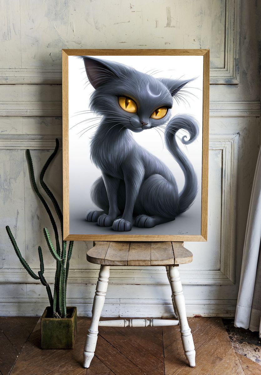 Mystic Gray Cat Illustration Poster. — room view 1