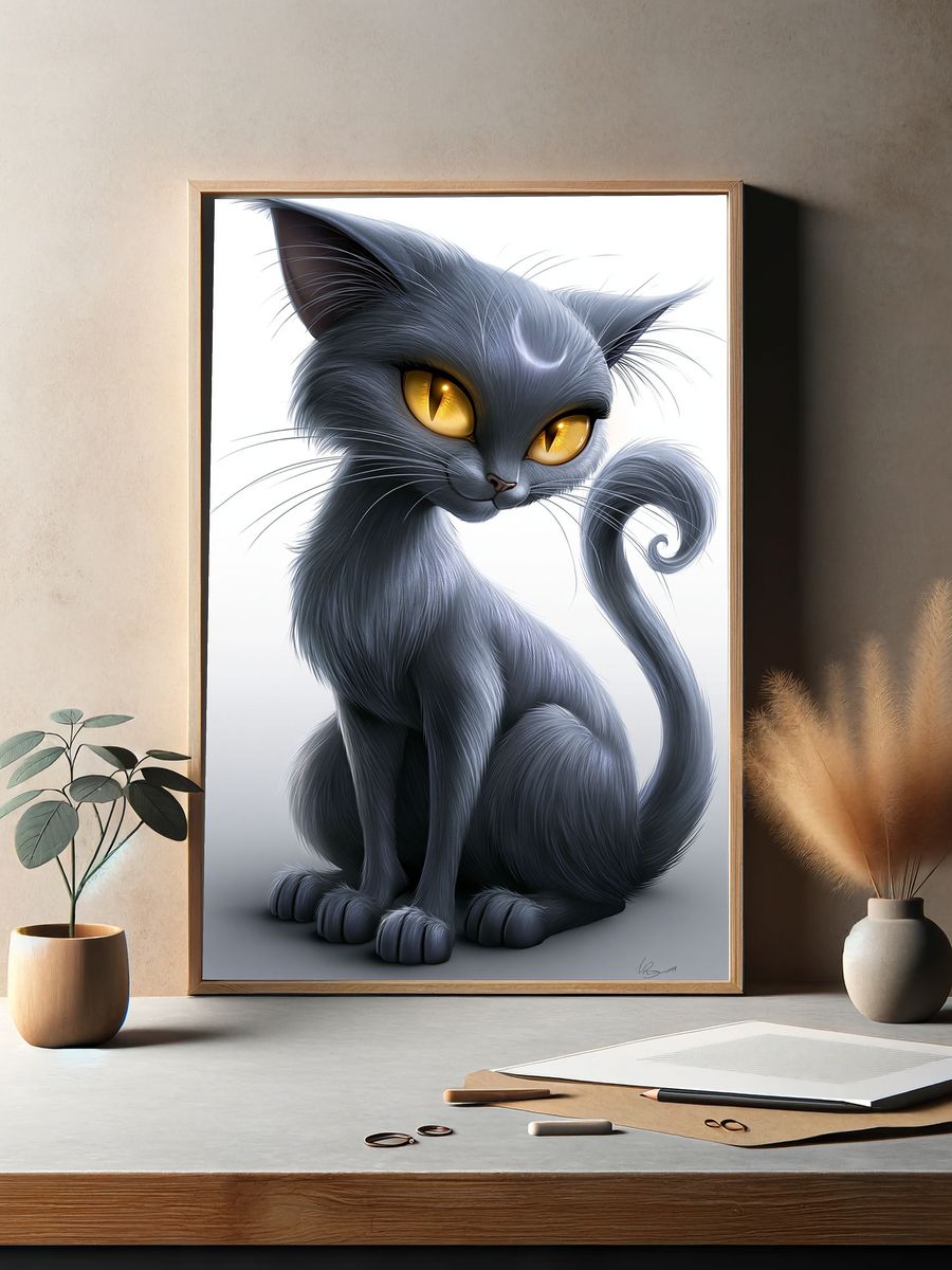Mystic Gray Cat Illustration Poster. — room view 2