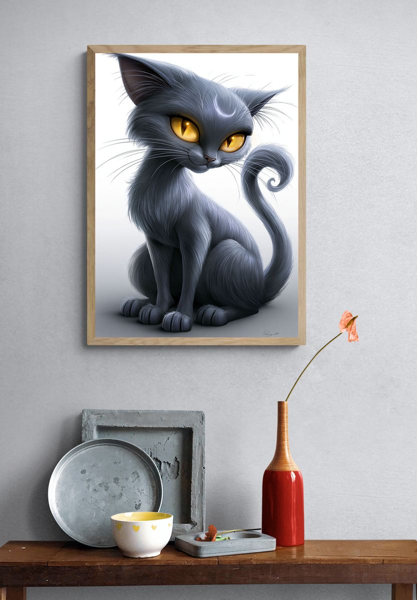 Mystic Gray Cat Illustration Poster. — room view 3