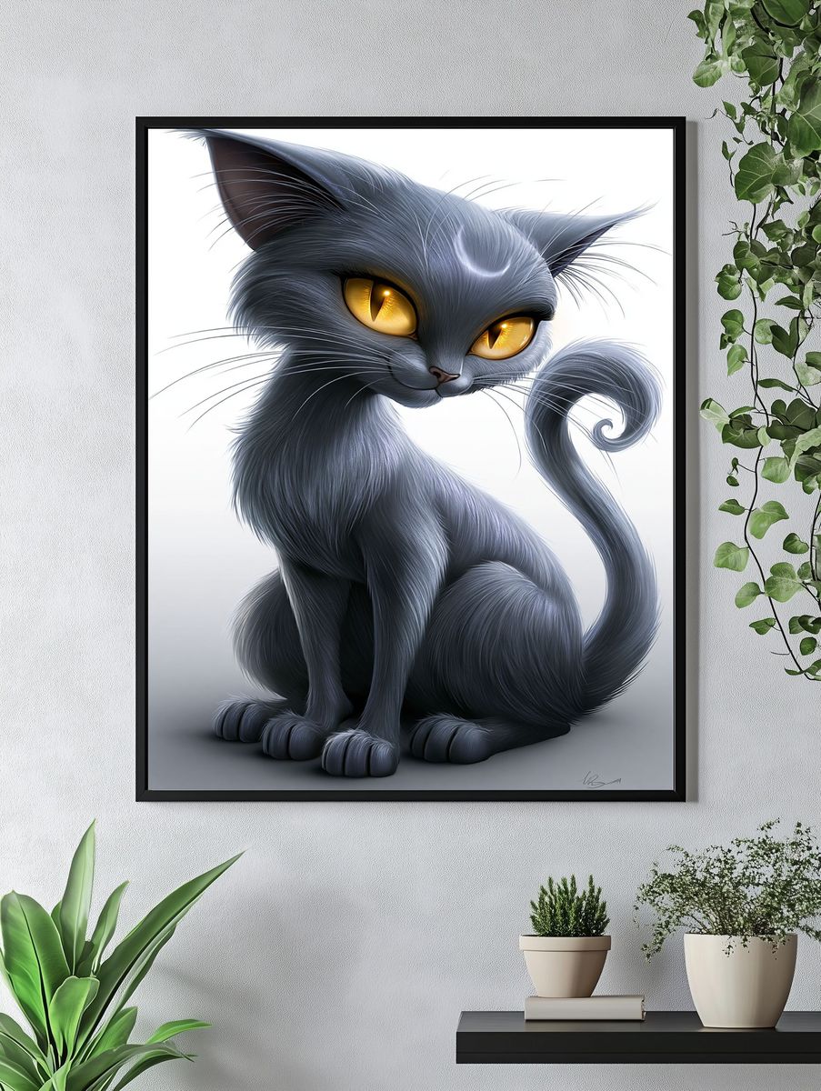 Mystic Gray Cat Illustration Poster. — room view 4