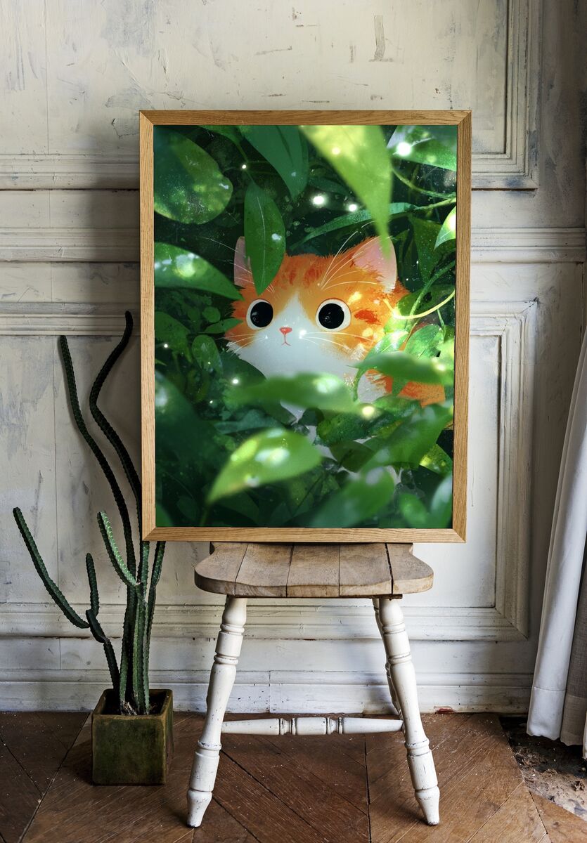 Curious Cat in Greenery — Illustration Print. — room view 1