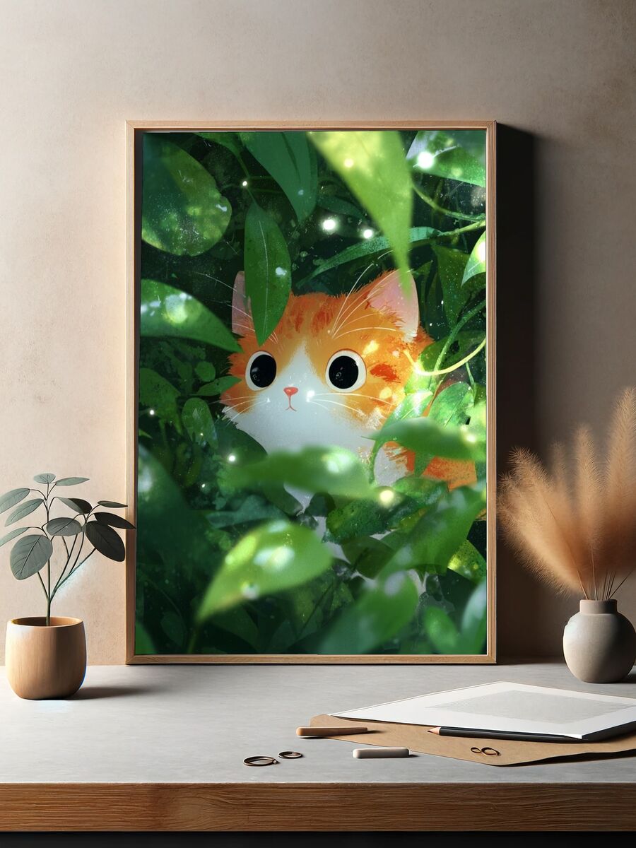 Curious Cat in Greenery — Illustration Print. — room view 2