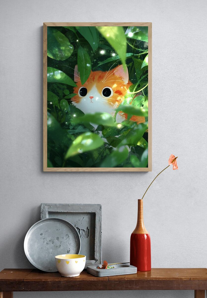Curious Cat in Greenery — Illustration Print. — room view 3