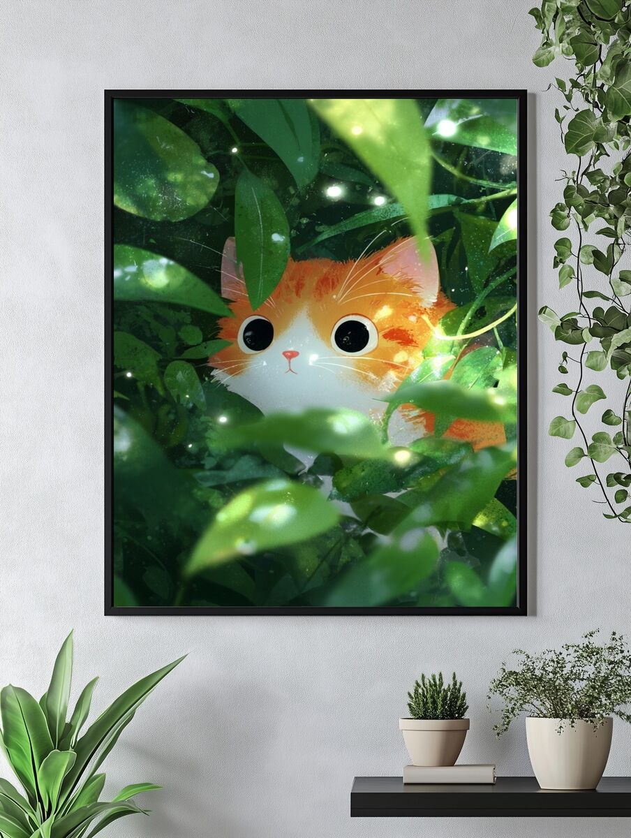 Curious Cat in Greenery — Illustration Print. — room view 4