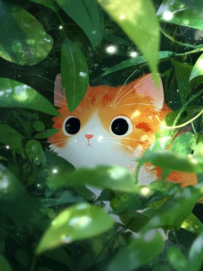 Curious Cat in Greenery — Illustration Print. poster