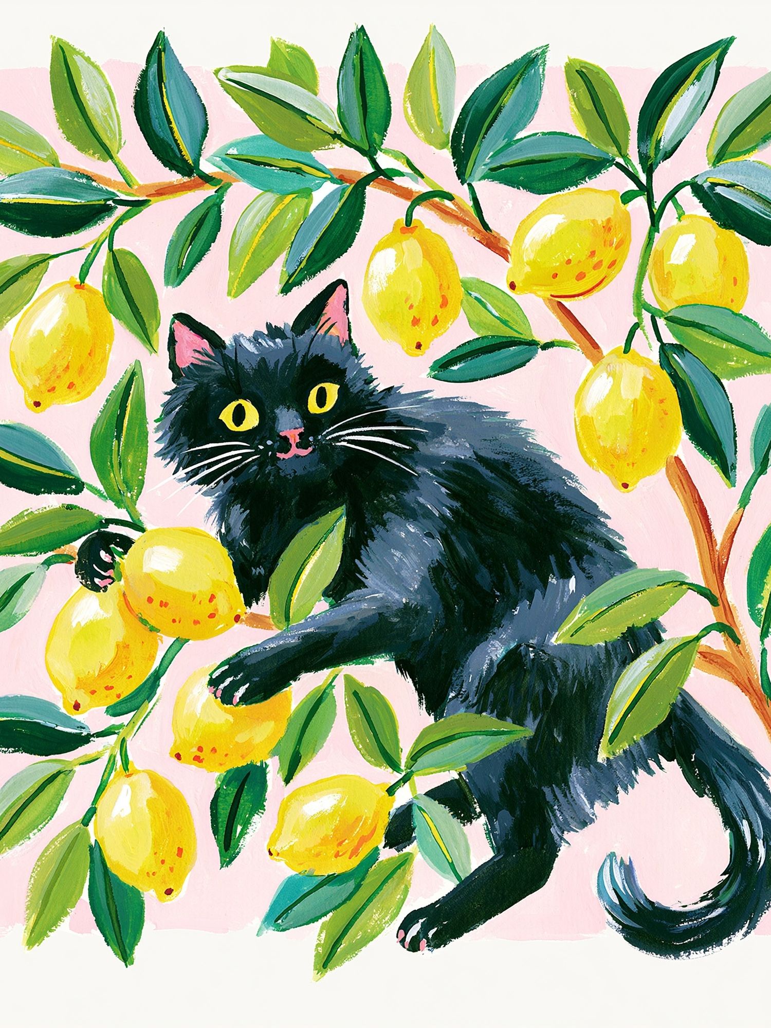 Black Cat in Lemon Tree Illustration Poster. poster — animals art