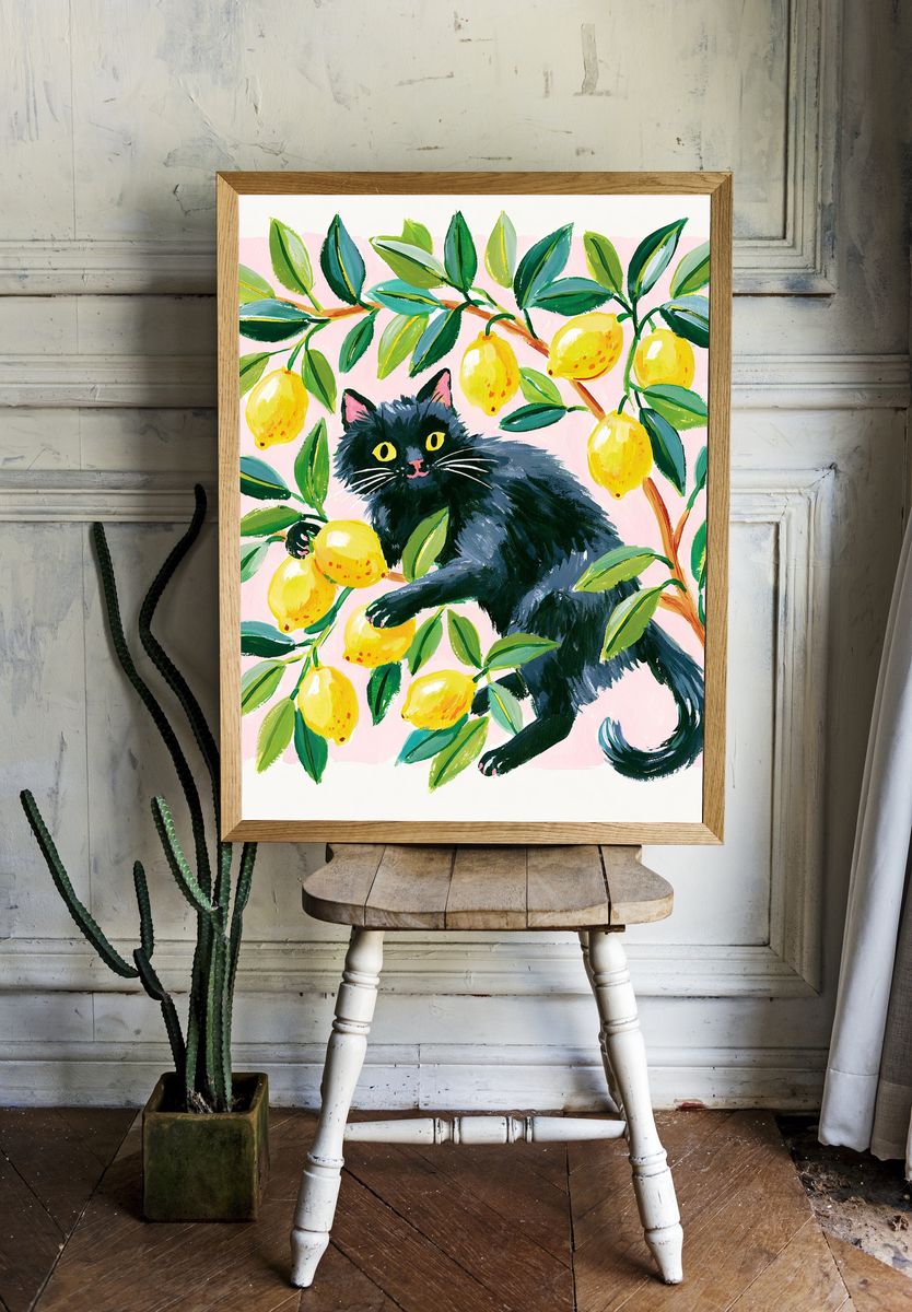 Black Cat in Lemon Tree Illustration Poster. room preview