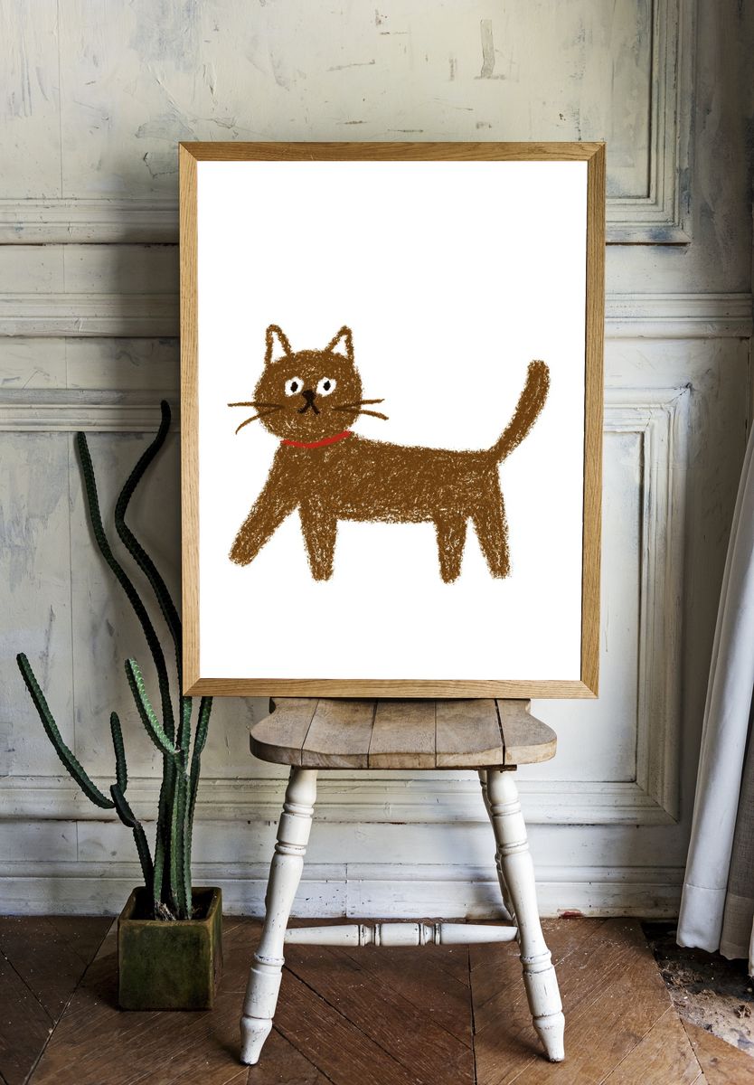 Playful Brown Cat Illustration Poster. — room view 1