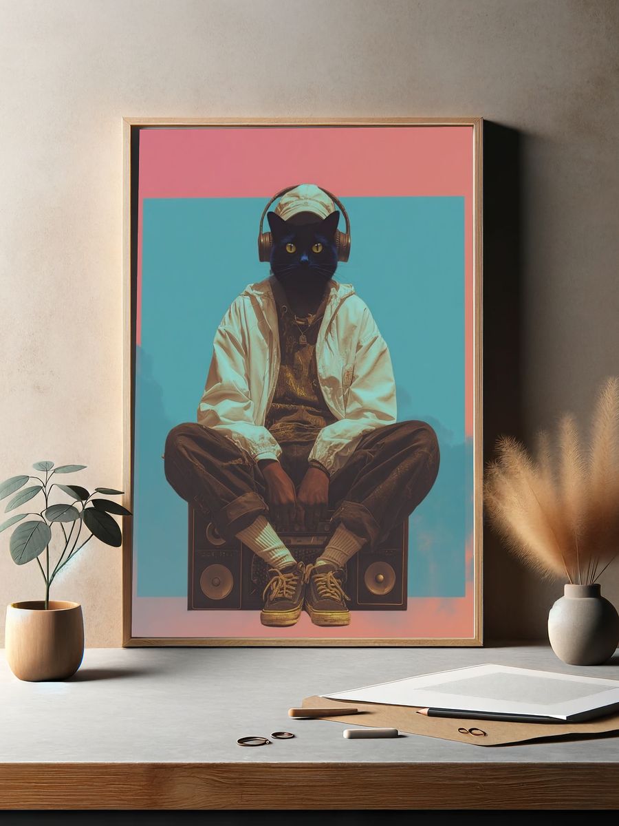 Cool Cat DJ — Digital Art Print. — room view 2