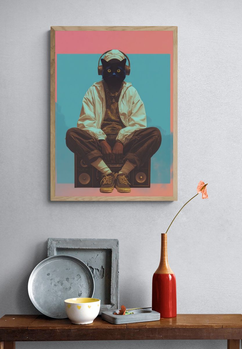 Cool Cat DJ — Digital Art Print. — room view 3