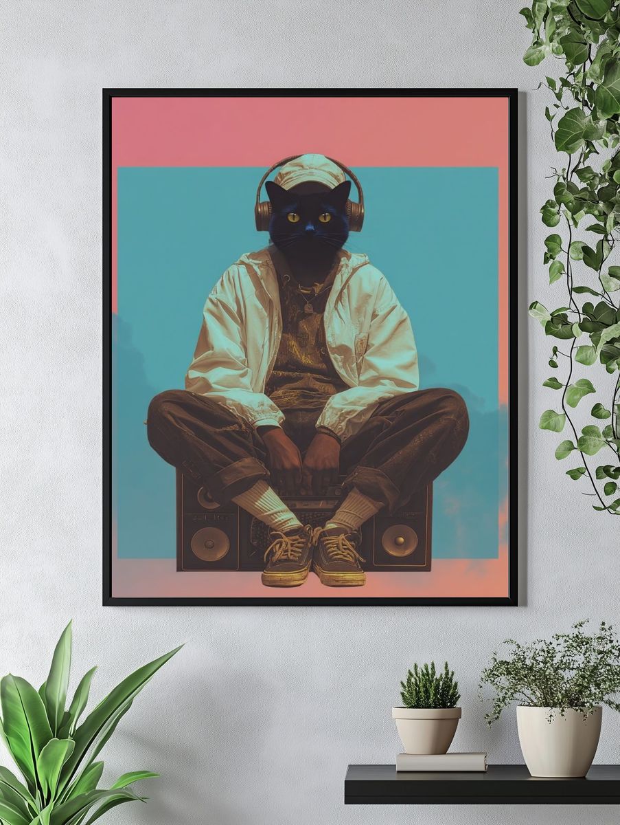 Cool Cat DJ — Digital Art Print. — room view 4
