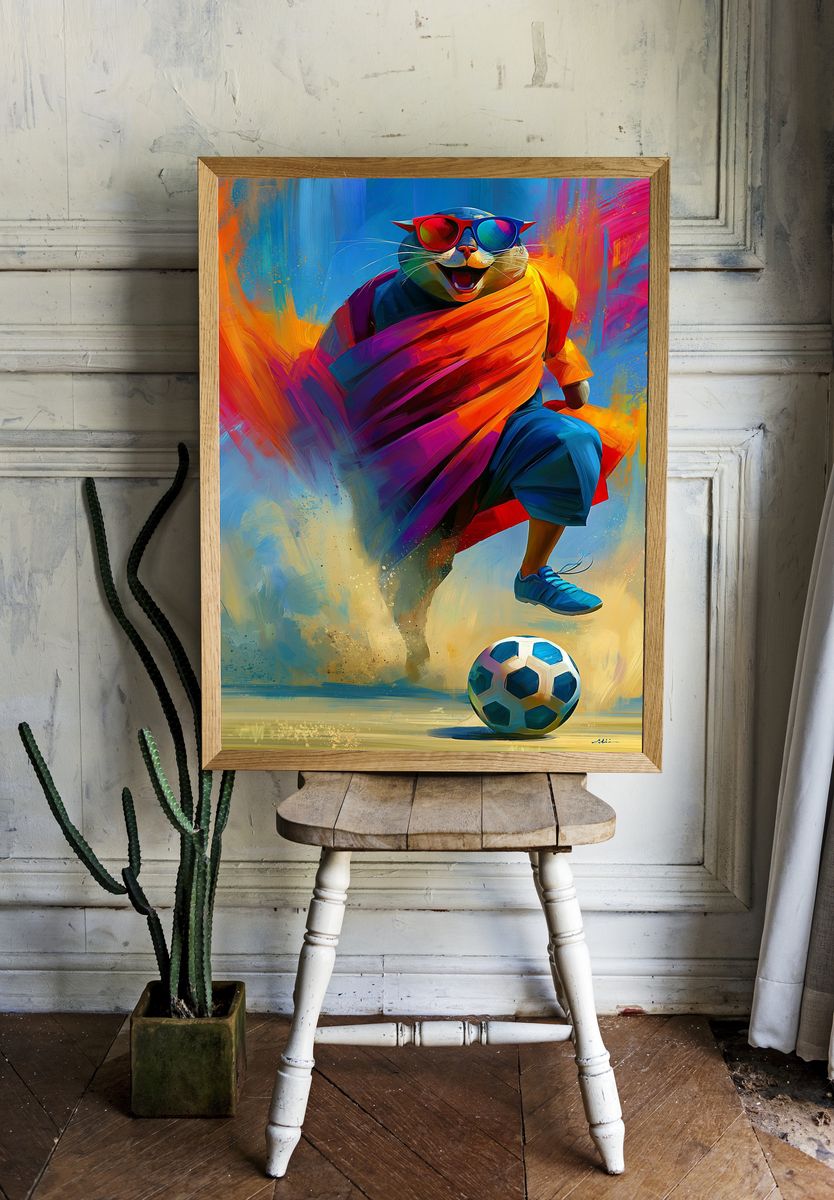 Cool Cat Soccer Illustration Poster. room preview