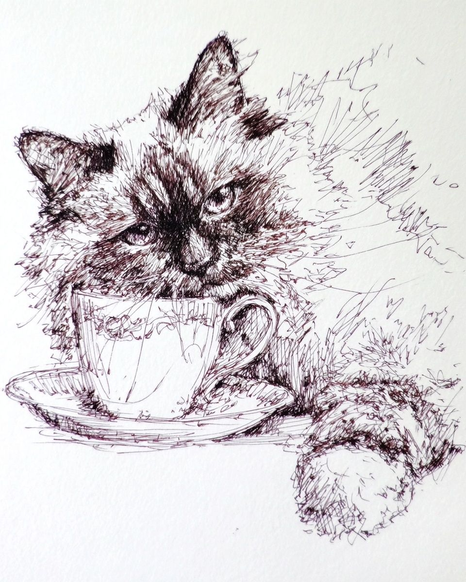Fluffy Cat with Teacup — Illustration Print. poster detail