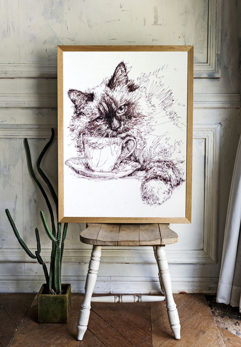 Fluffy Cat with Teacup — Illustration Print. — room view 1