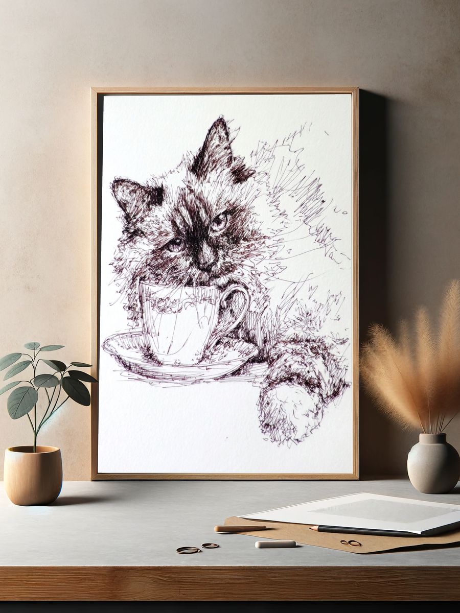 Fluffy Cat with Teacup — Illustration Print. — room view 2