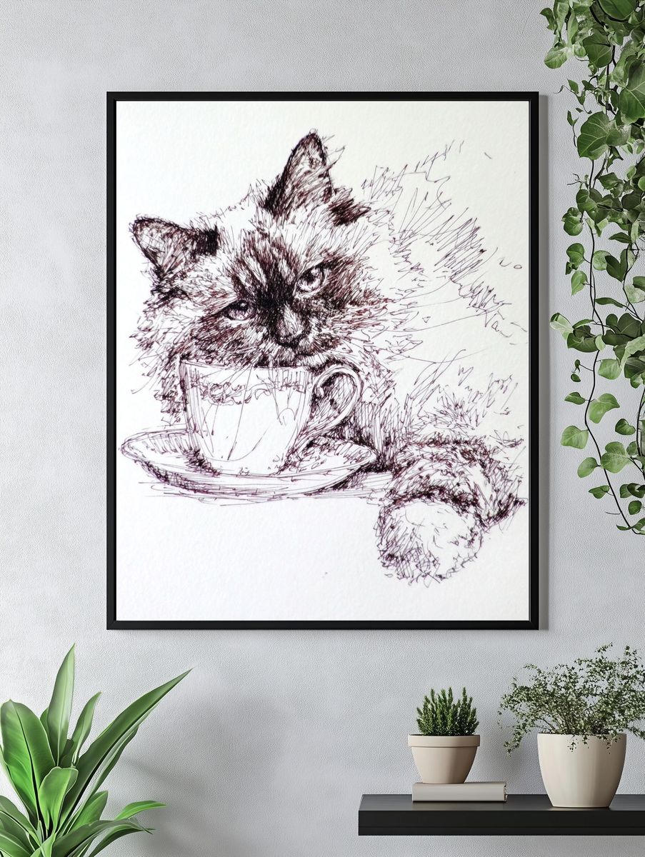 Fluffy Cat with Teacup — Illustration Print. — room view 4