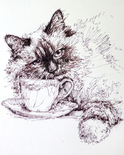 Fluffy Cat with Teacup — Illustration Print. poster print