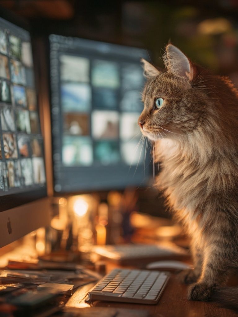 Curious Cat at Computer — Animal Photography Print. poster detail