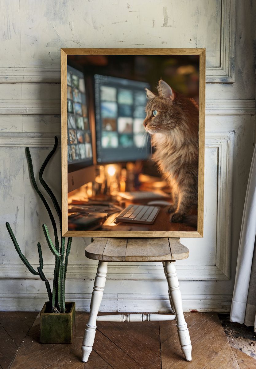 Curious Cat at Computer — Animal Photography Print. — room view 1
