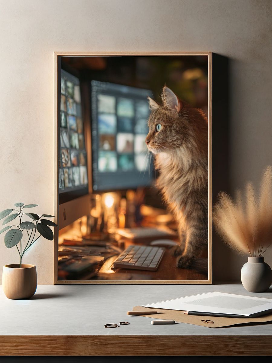 Curious Cat at Computer — Animal Photography Print. — room view 2