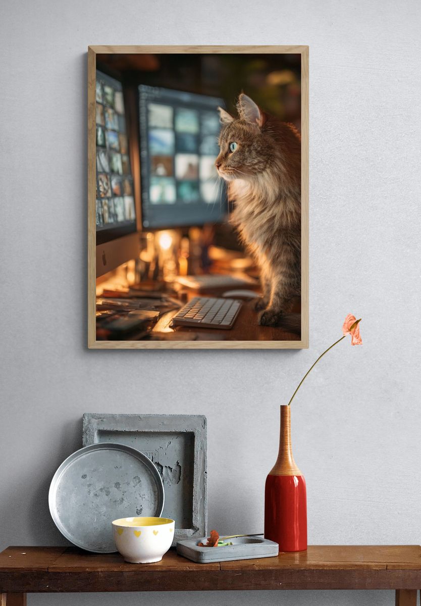 Curious Cat at Computer — Animal Photography Print. — room view 3
