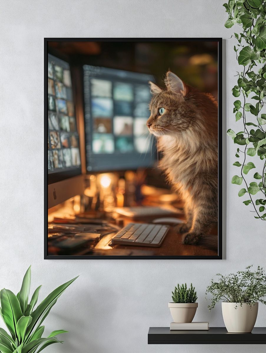 Curious Cat at Computer — Animal Photography Print. — room view 4