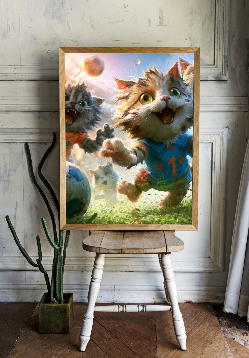 Playful Soccer Cats Illustration Poster. room preview