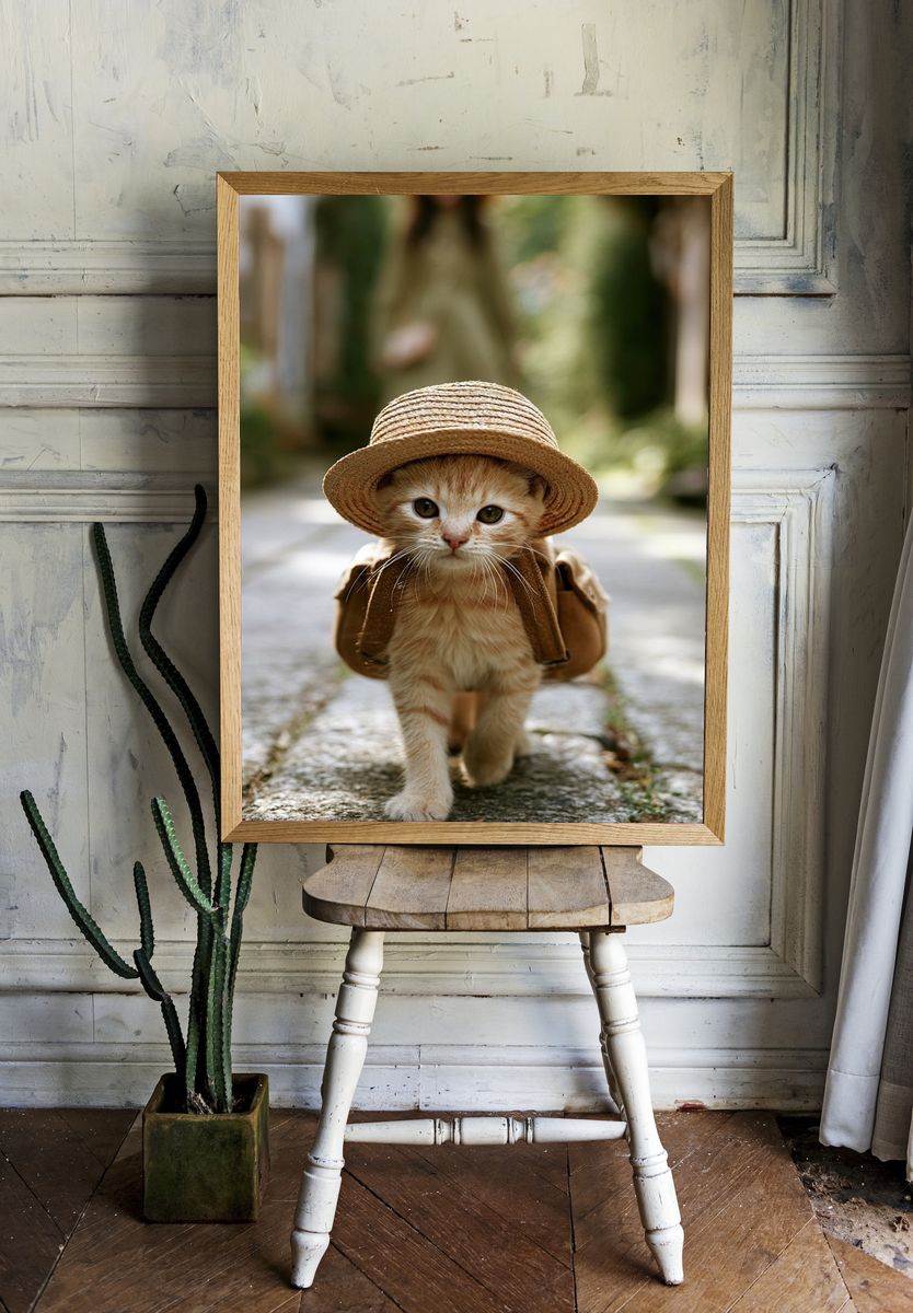 Straw Hat Kitten Photography Poster. — room view 1
