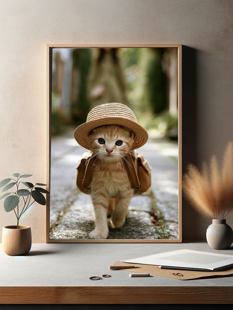 Straw Hat Kitten Photography Poster. — room view 2