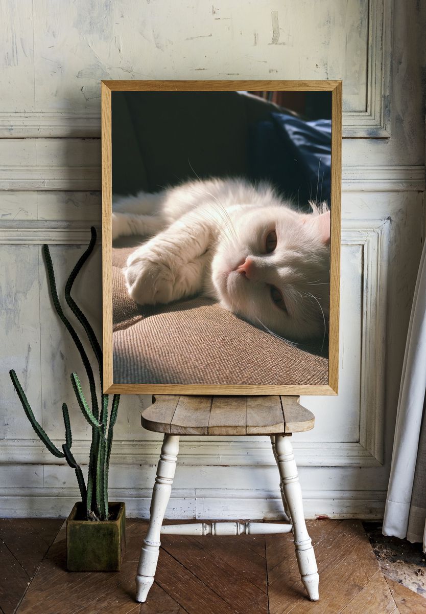 White Cat Sunlit Sofa Poster. room preview