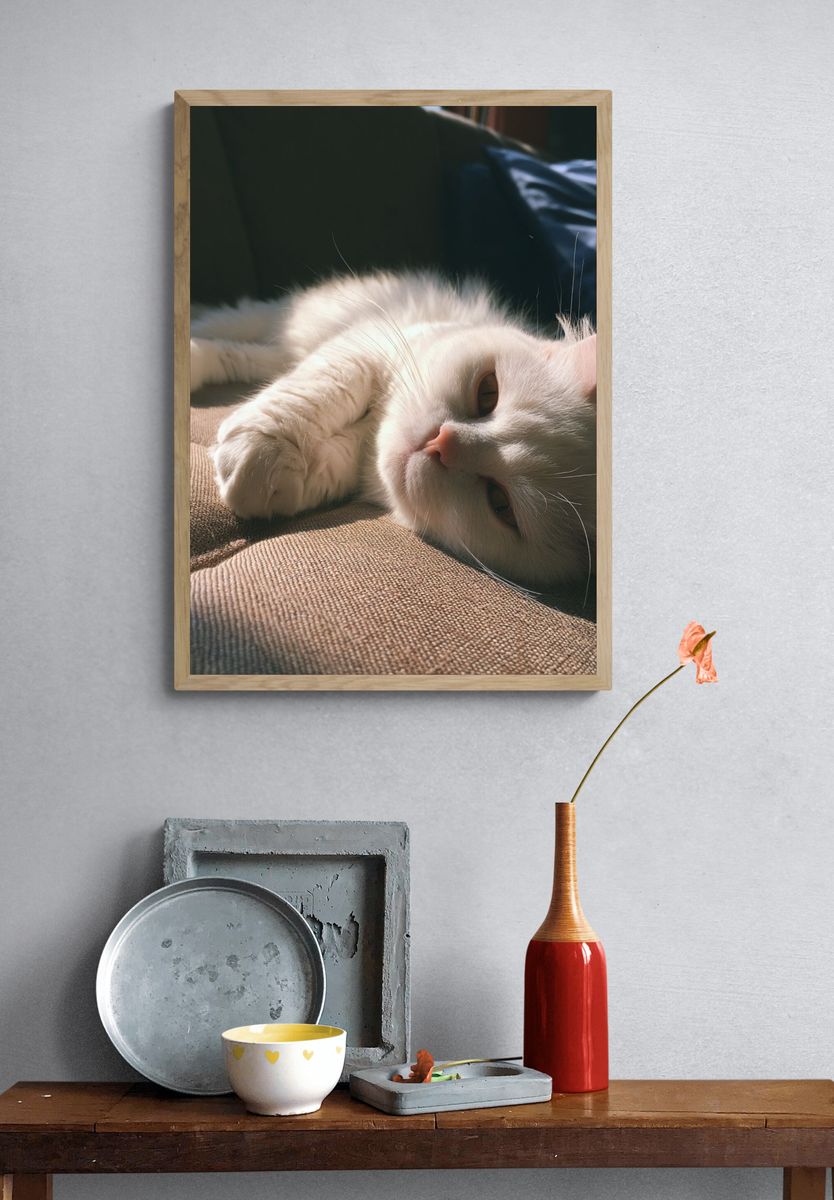 White Cat Sunlit Sofa Poster. — room view 3